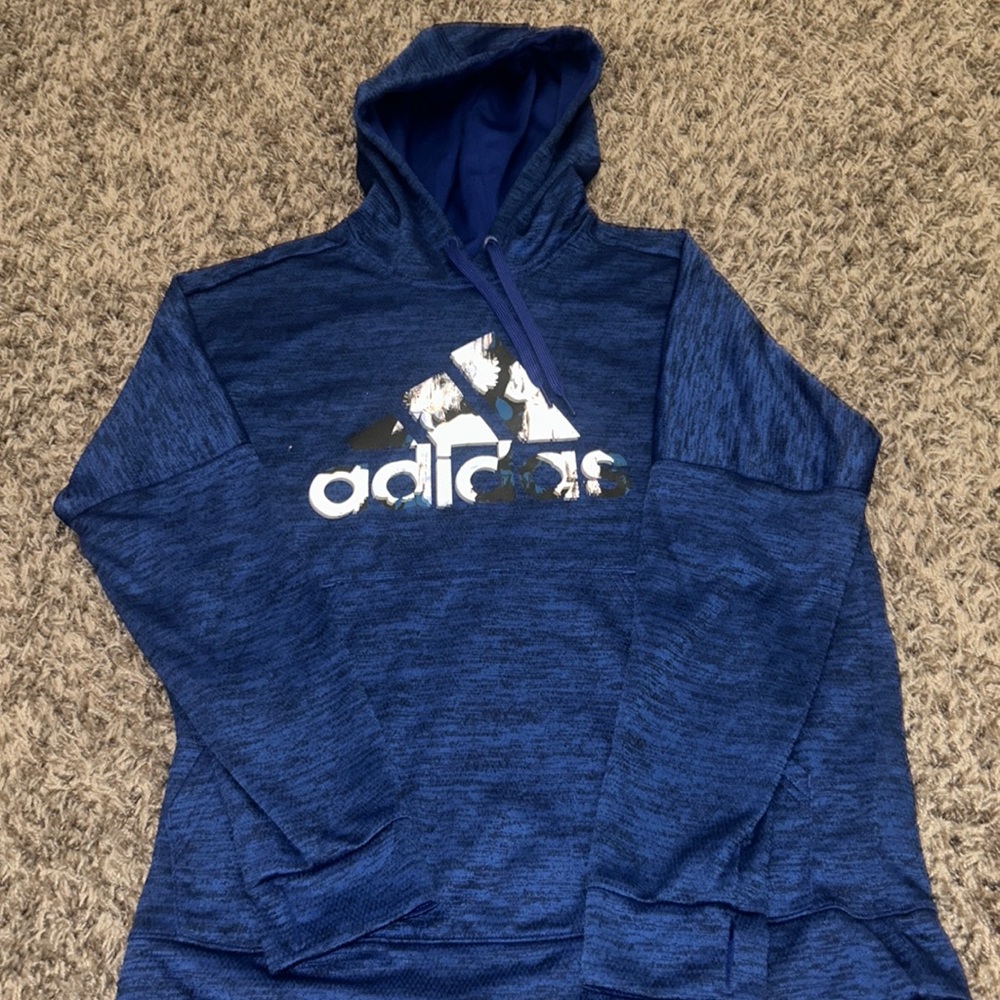 Blue and black hoodie with floral adidas logo